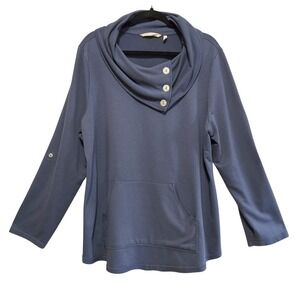 Soft Surroundings Cowl Neck Button Pullover Navy Blue Roll Tab Sleeve Top 1X